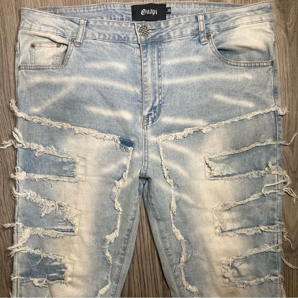 Guapi Jeans Men’s 36x37 Slim Super Stacked Distressed High Rise Blue Celebrity - Picture 3 of 9